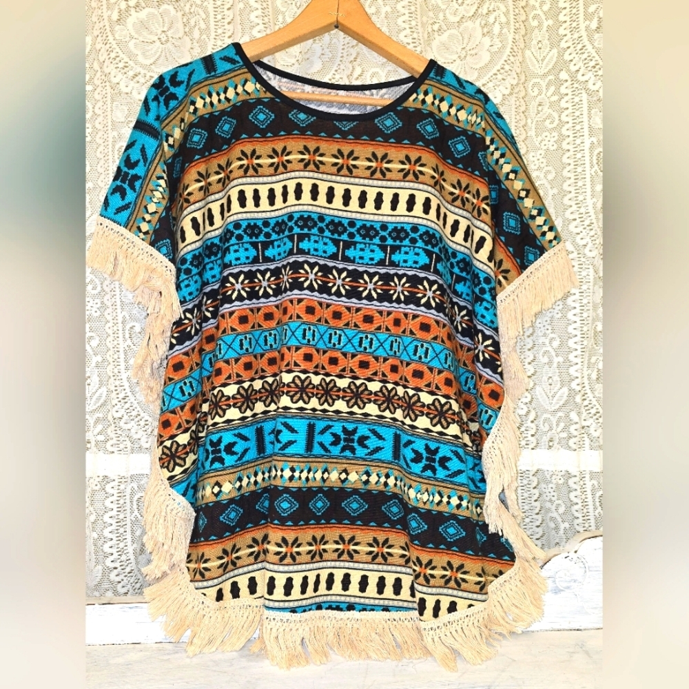 Aztec Patterned Blouse With Fringe, Womens Aztec Top, Womens Western Shirt
